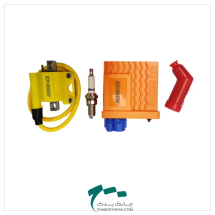 نمای اجزای ست ترانزیستور کاتاف دار 9 حالته با شمع، کوئل تک فیش و سرشمع موتورسیکلت هوندا برند REDSHOCK